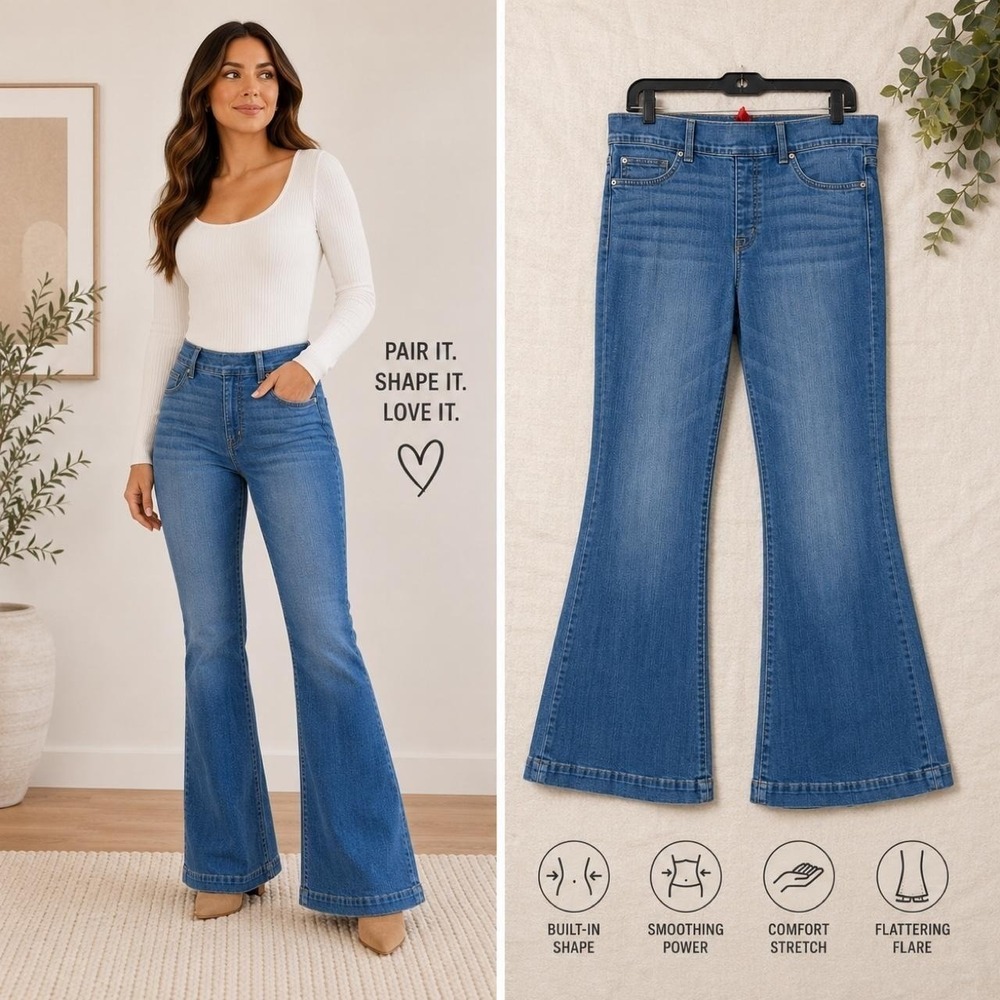 SPANX Flare Jeans Medium Wash Pull-On High Rise Stretch Women's M Shaping Y2K